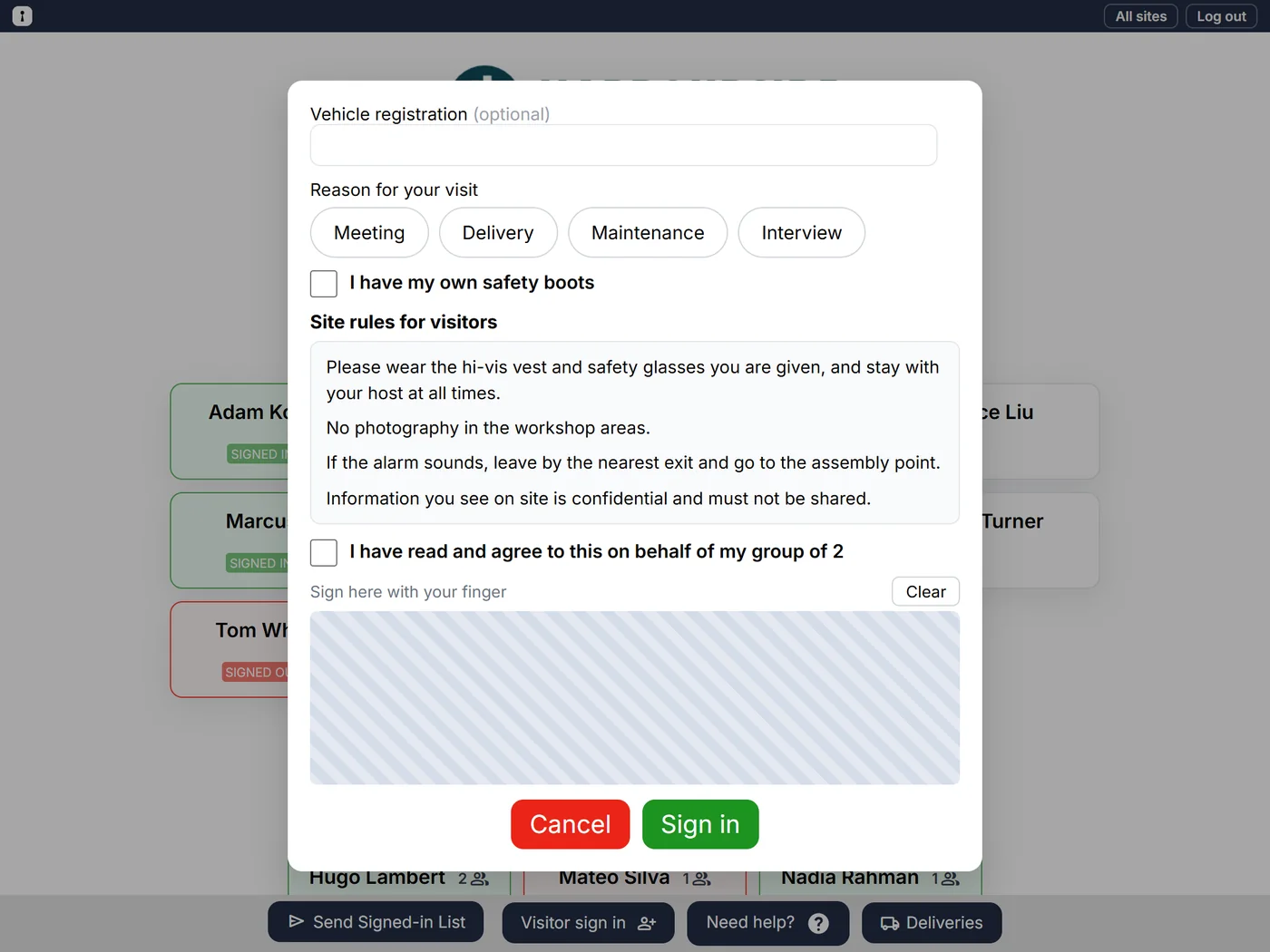 The visitor sign-in form with site rules to read, a tick box to agree on behalf of a group of 2, and a signature box