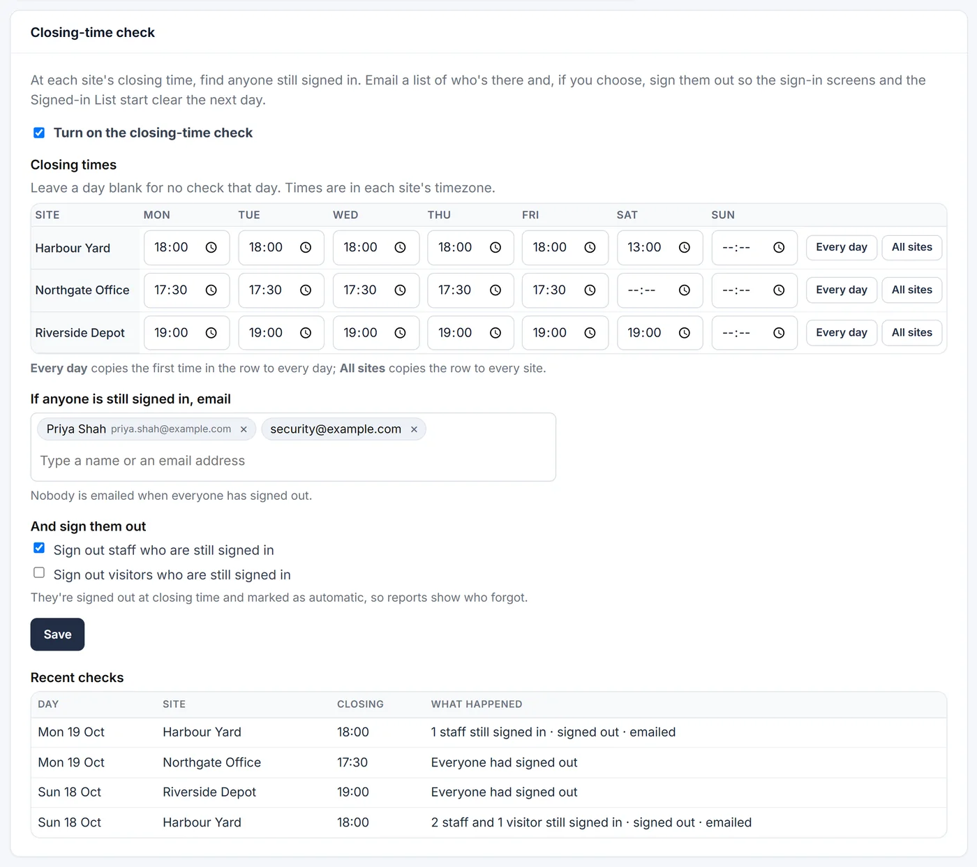 The Closing-time check settings: closing times per site and weekday, who to email, sign-out options and recent checks