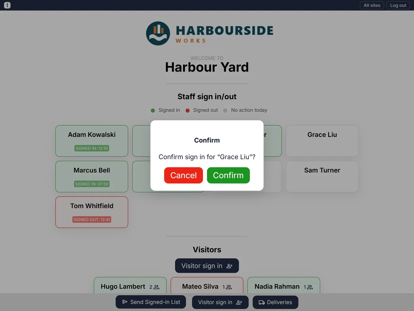Confirming a staff sign-in on the tablet