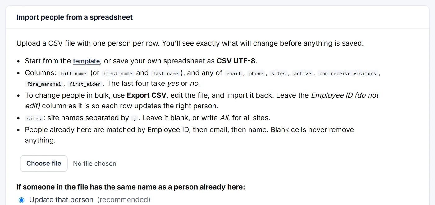 The import screen: upload a CSV file of people and check it before anything is saved