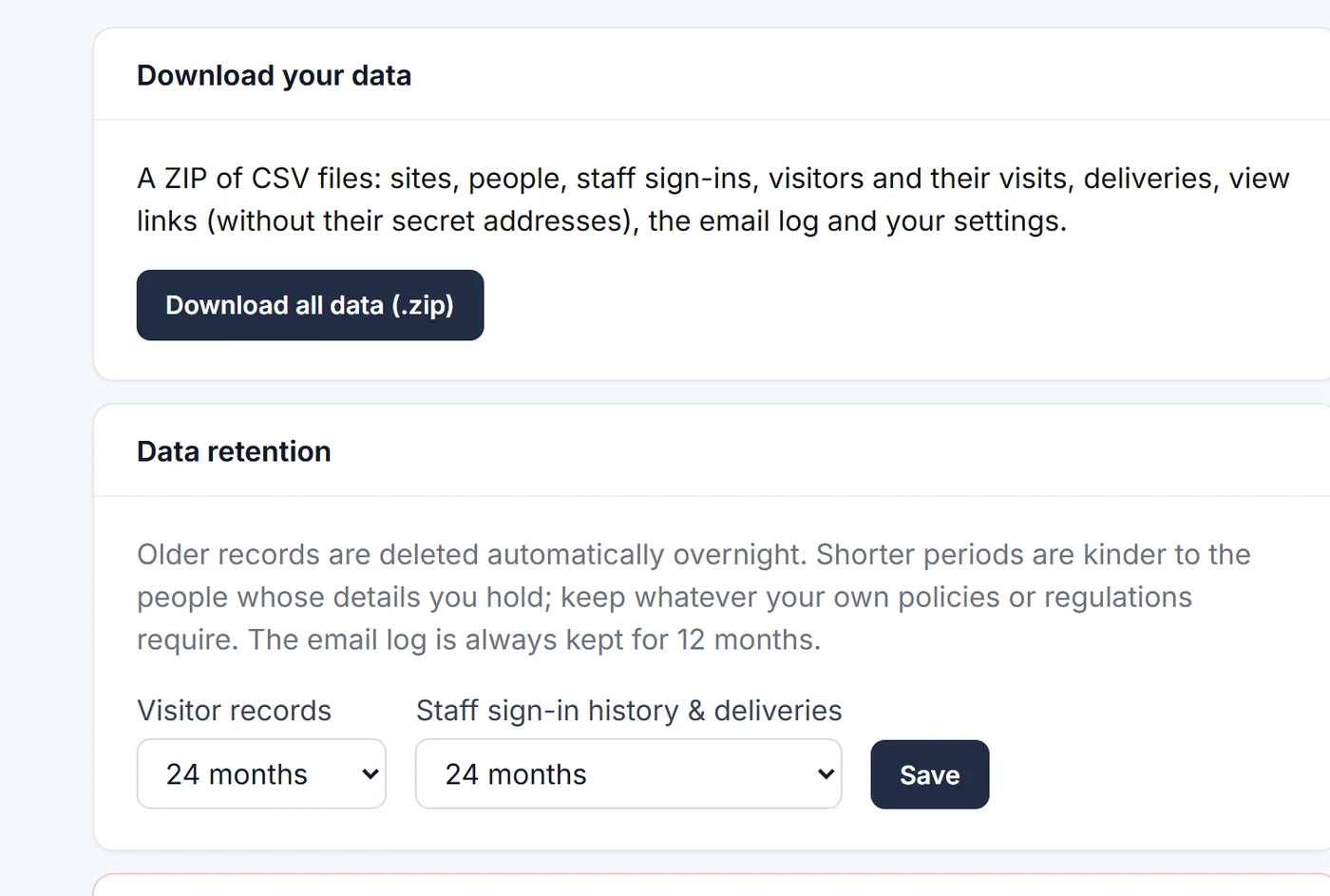 The Data & privacy tab: download your data and data retention settings