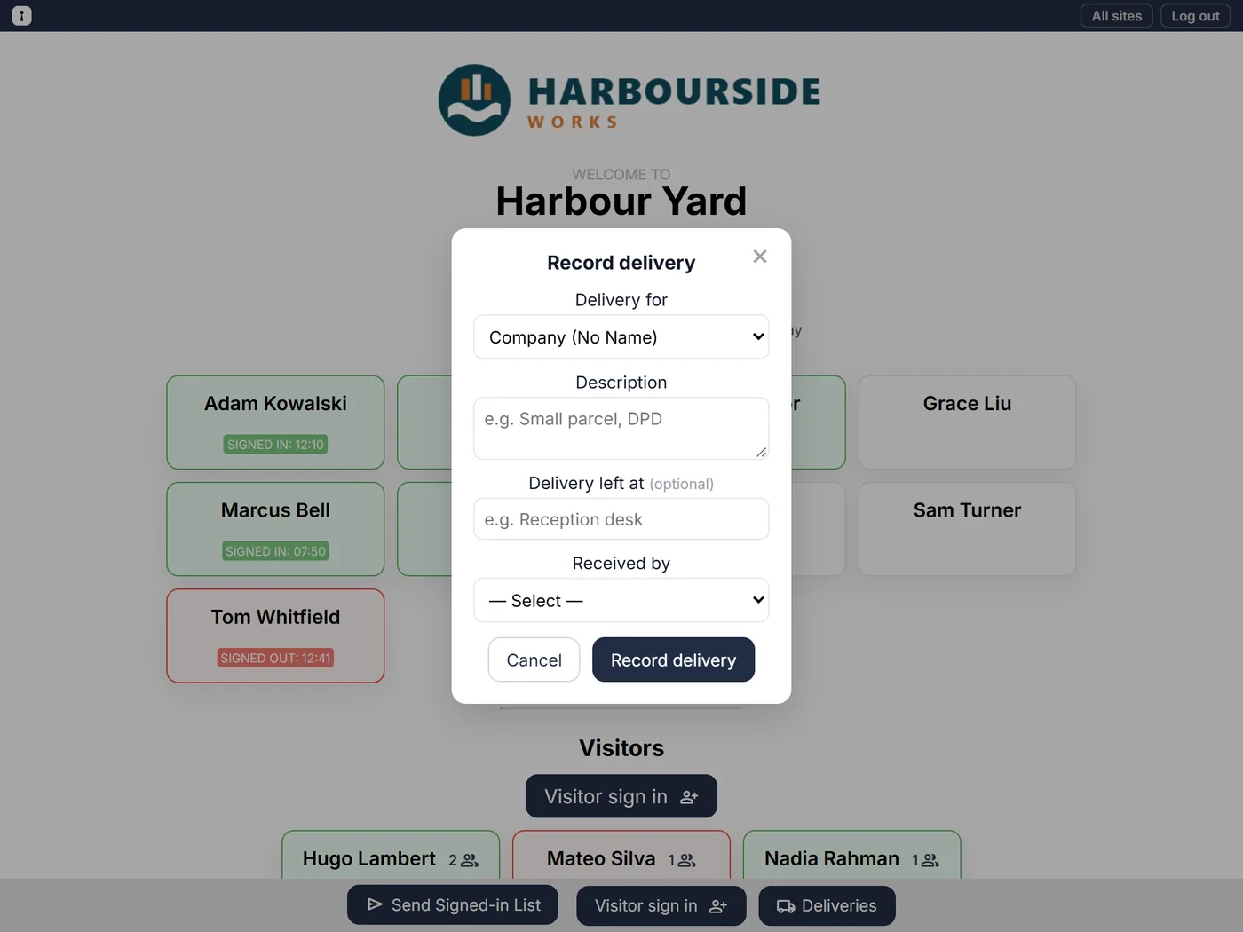 Recording a delivery on the sign-in tablet