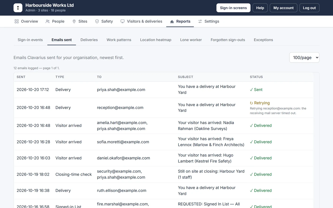 The Email log listing recent emails and whether they were sent