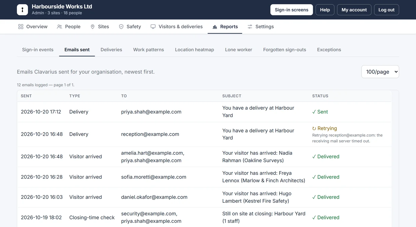 Emails sent with Delivered and Retrying statuses and the reason for the retry