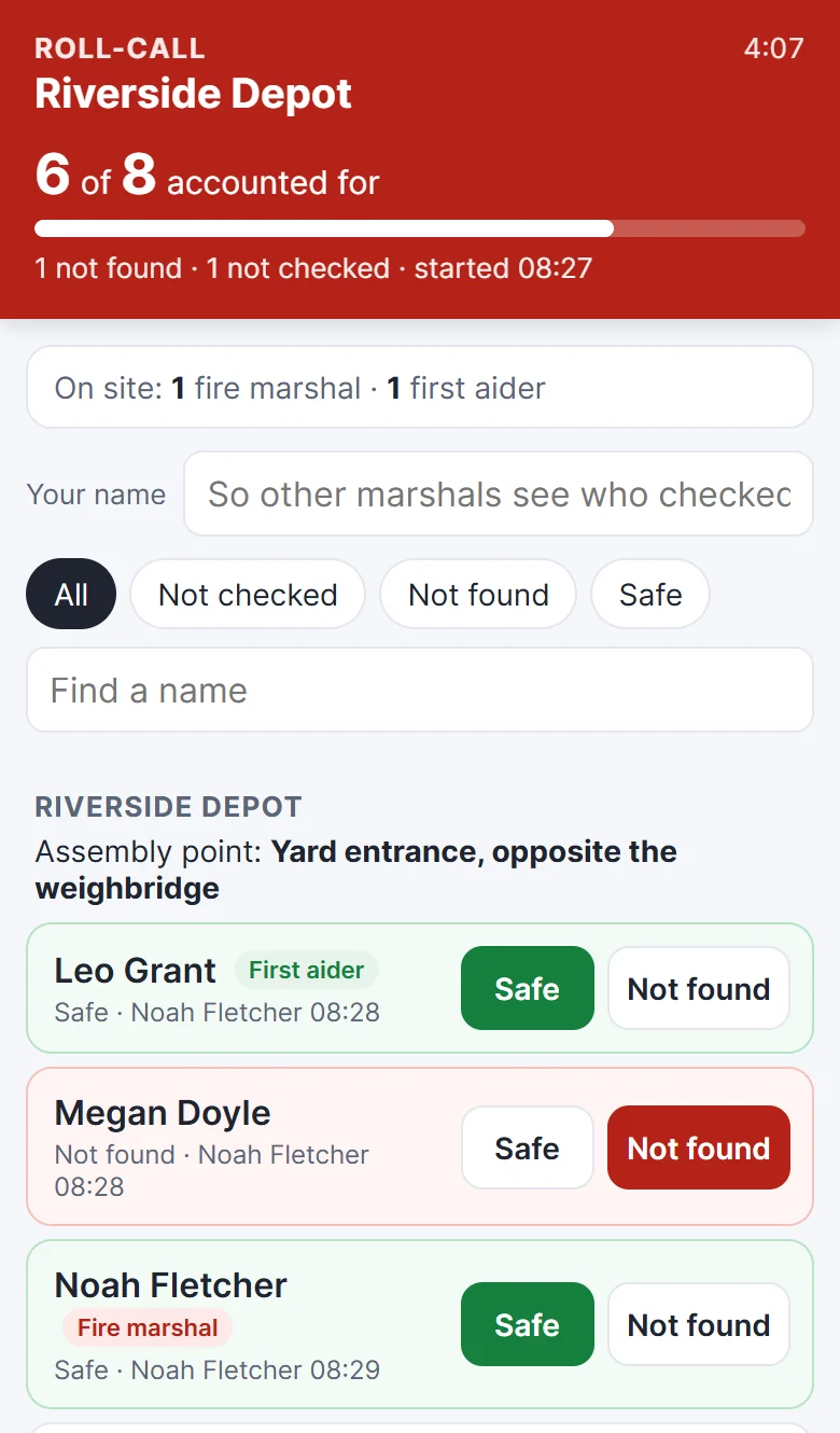 The live roll-call on a phone: 5 of 8 accounted for, with Safe and Not found buttons next to each person