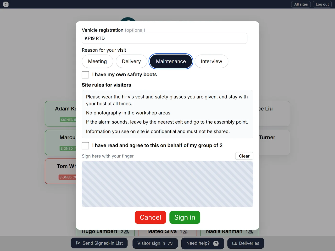The visitor sign-in form asking for a vehicle registration, the reason for the visit as buttons, and a tick box for safety boots