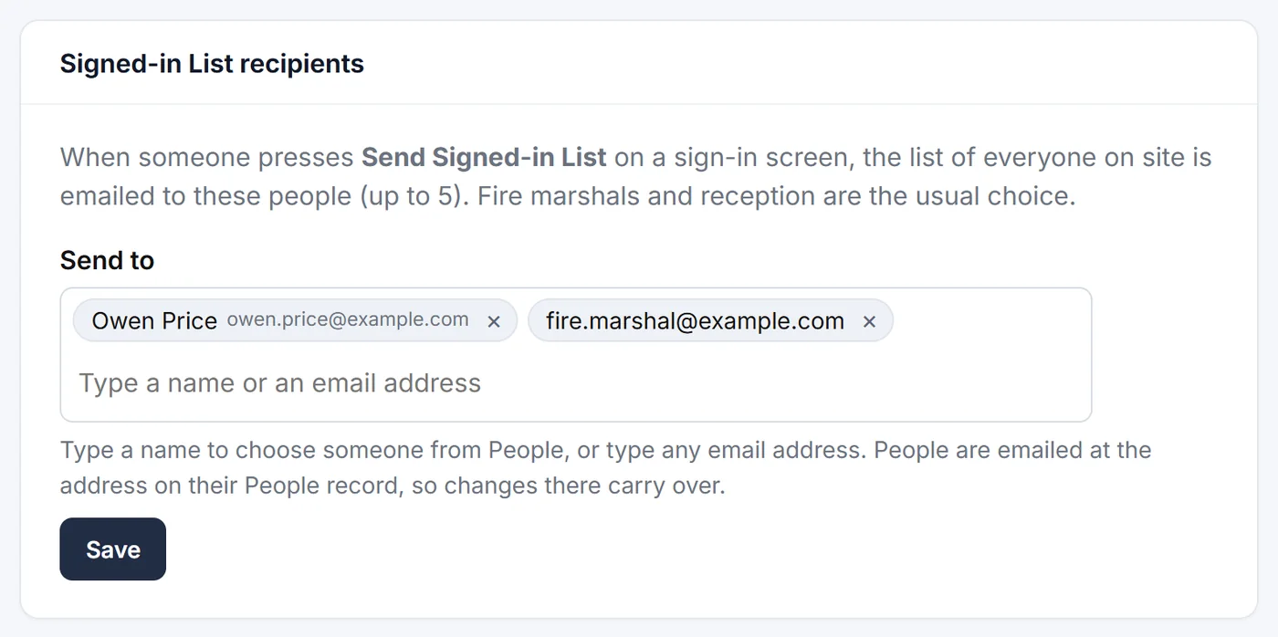The Signed-in List recipients box with one person chosen from People and one typed email address