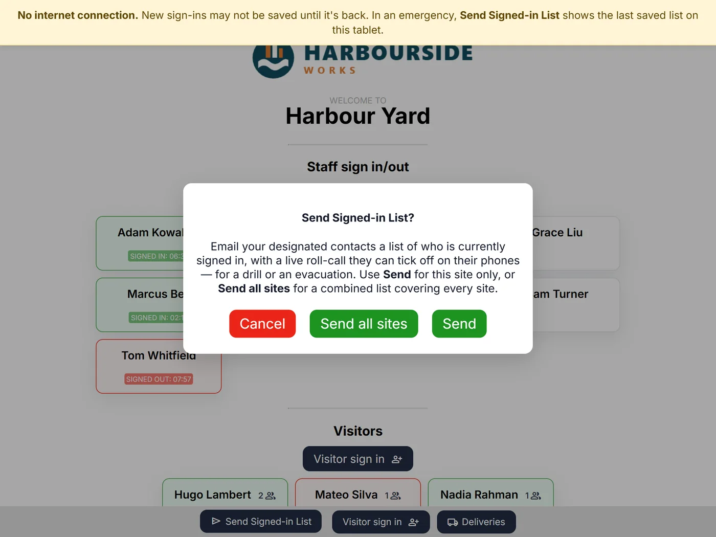 Choosing Send or Send all sites for the Signed-in List