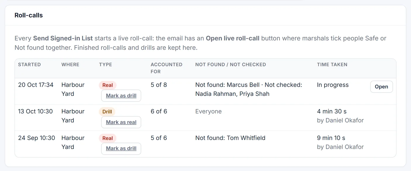 The Roll-calls list on the Safety tab with drills and real alarms, people accounted for and time taken
