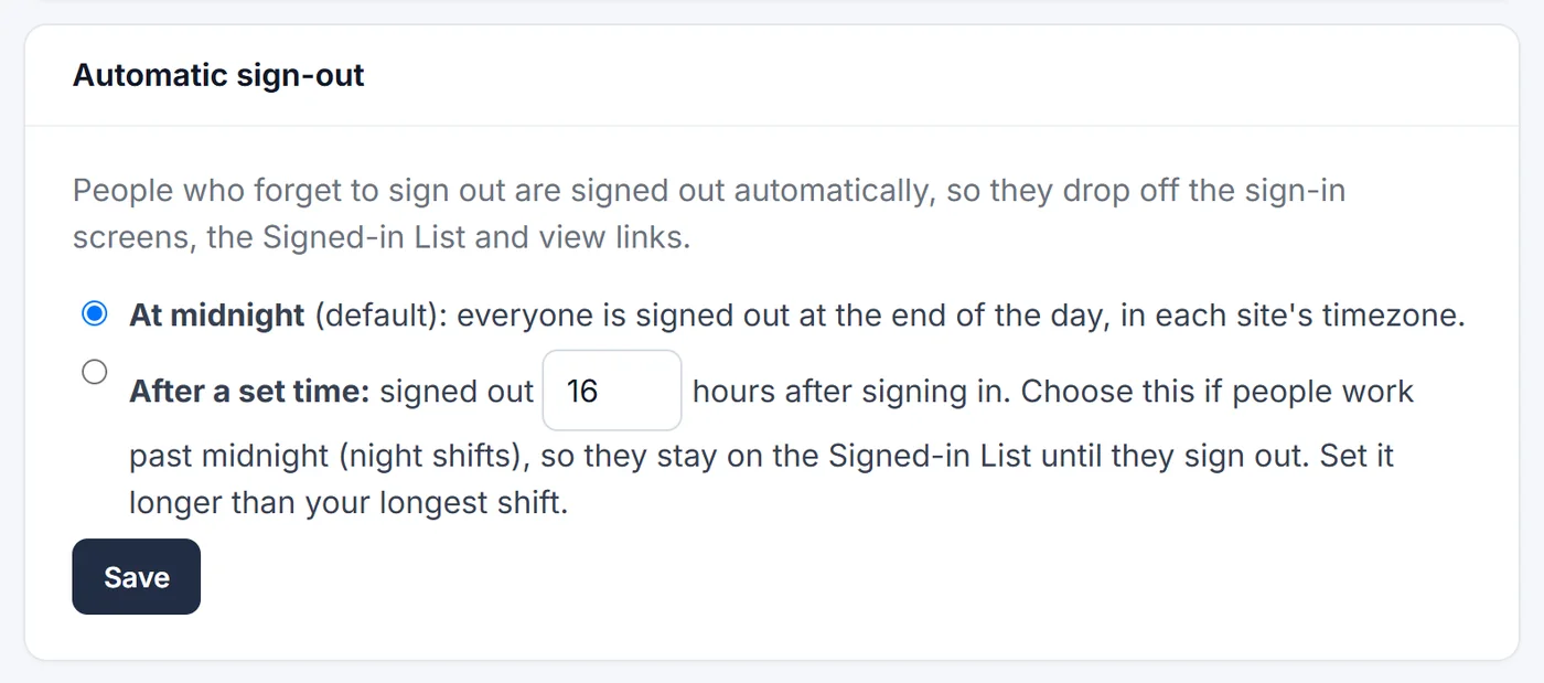 The Automatic sign-out setting with the midnight and set-time options