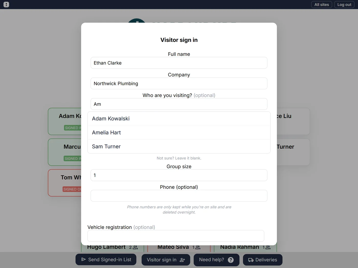 The visitor sign-in form on a tablet, with names suggested under 'Who are you visiting?'