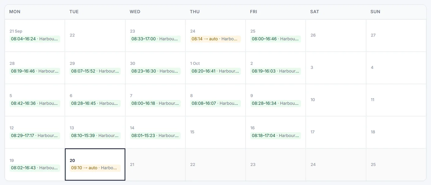 One person's sign-in times shown as a monthly calendar